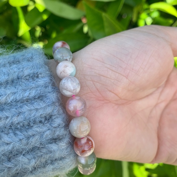 Bracelet: Green/Red/Pink Flower Agate - Picture 4 of 6